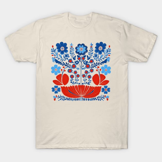 Red and Blue Scandinavian Folk Art Flowers T-Shirt by craftydesigns